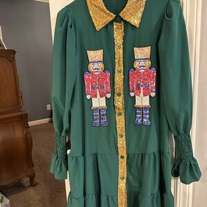 Festive Green Dress with Nutcracker Design